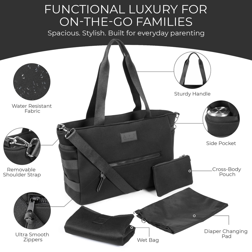 A + S Luxxe Diaper Bag Tote in neoprene material offers lightweight everyday use.