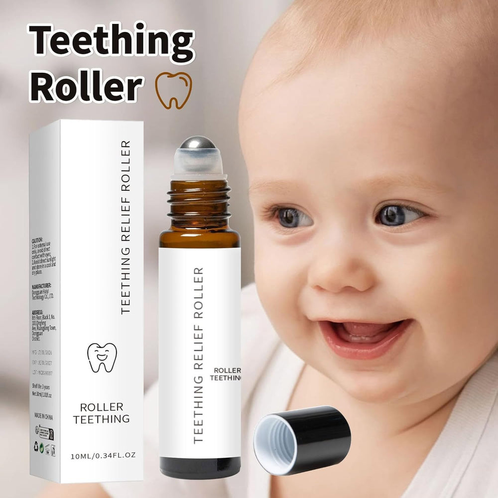 Close-up of A Thousand Roses Teething Roller bottle highlighting natural ingredients.
