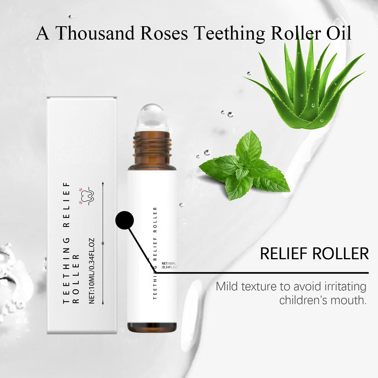 Glass bottle packaging of A Thousand Roses Teething Roller emphasizes eco-friendly design.