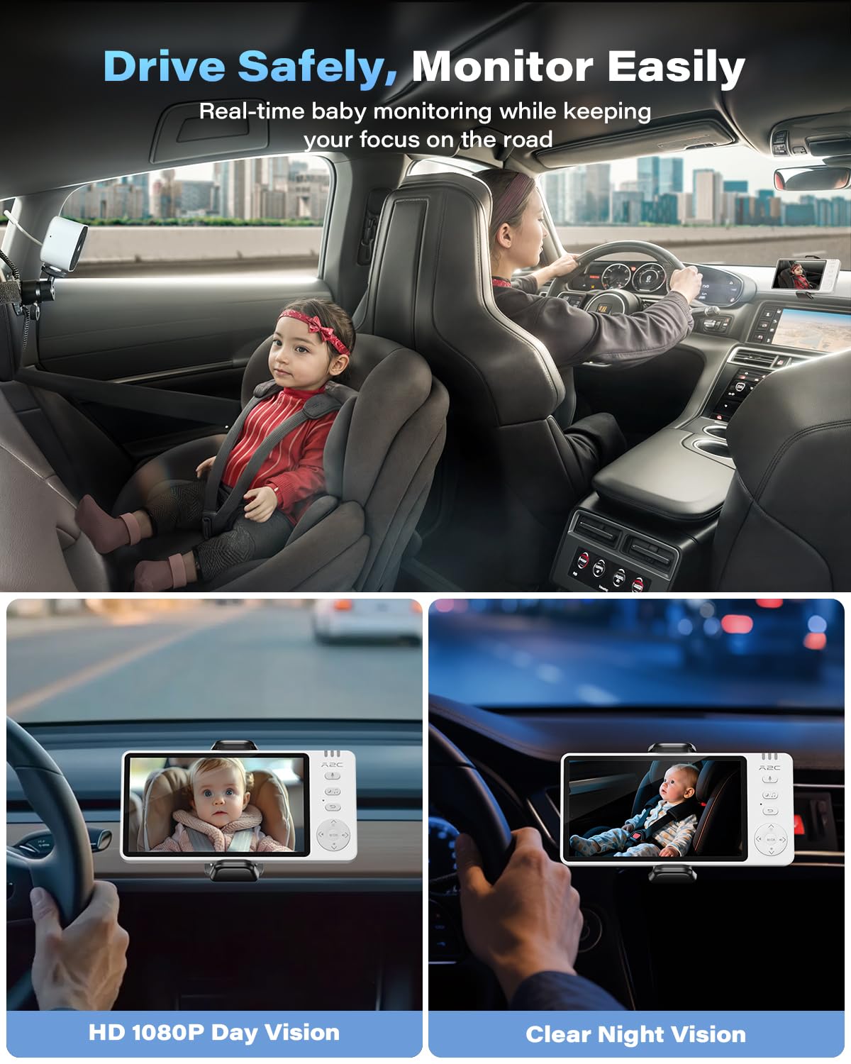 A2C Baby Car Camera backseat view showing family monitoring with peace of mind on family trips.