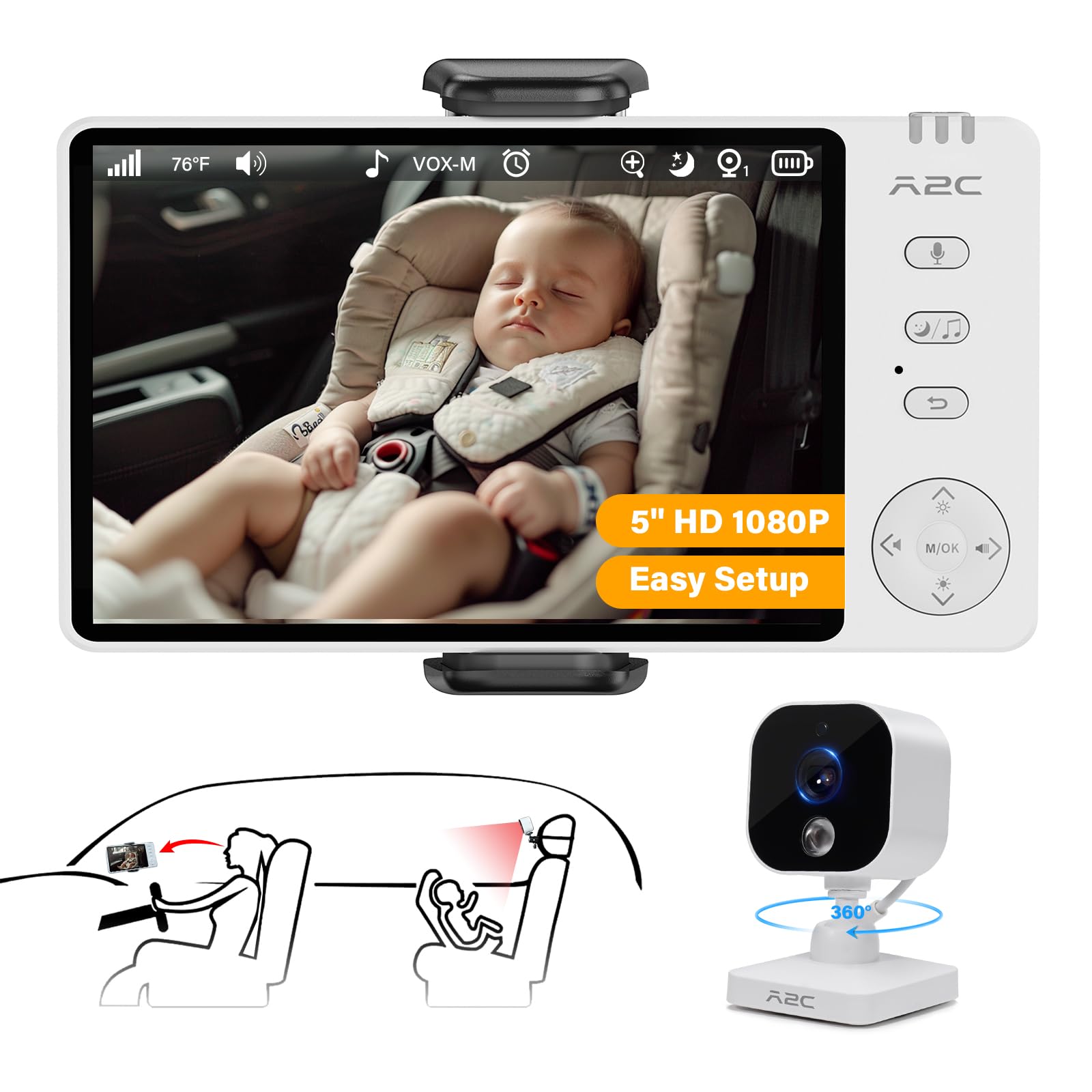 A2C Baby Car Camera dashboard mount for easy rear-view monitoring on the road.