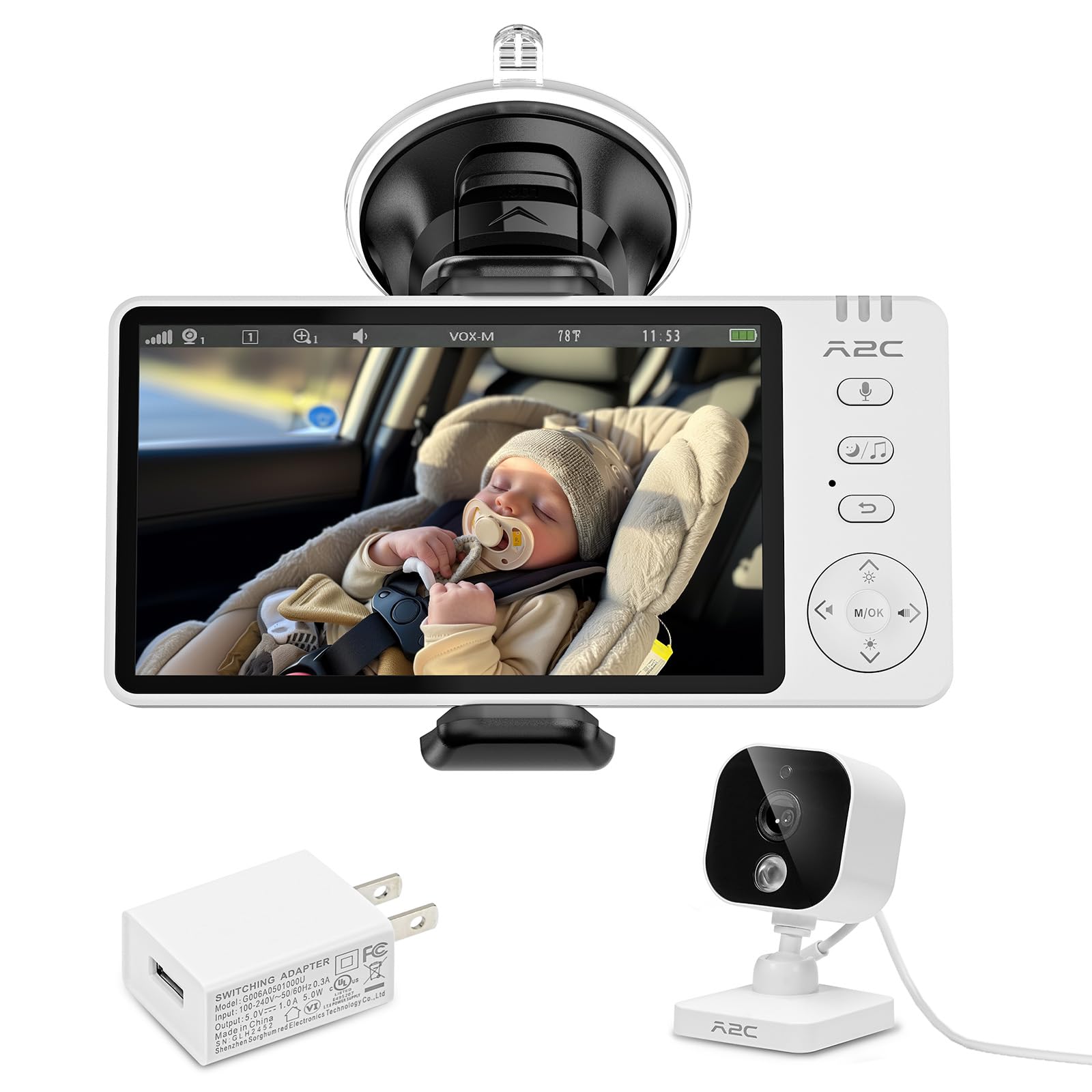 A2C baby car camera front view showing wide-angle monitoring for safer trips