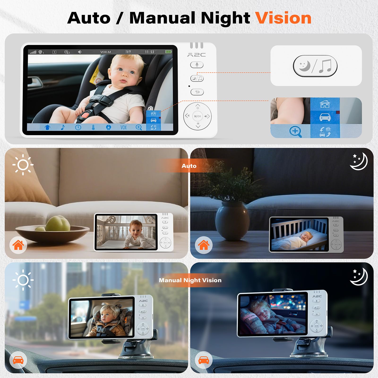 A2C baby car camera night vision helps monitor at night without guesswork