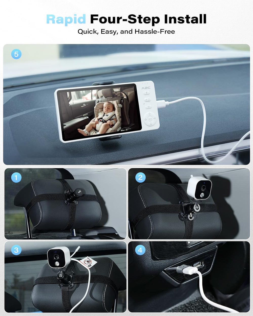 A2C Baby Car Camera USB-powered setup eliminates battery changes during use.
