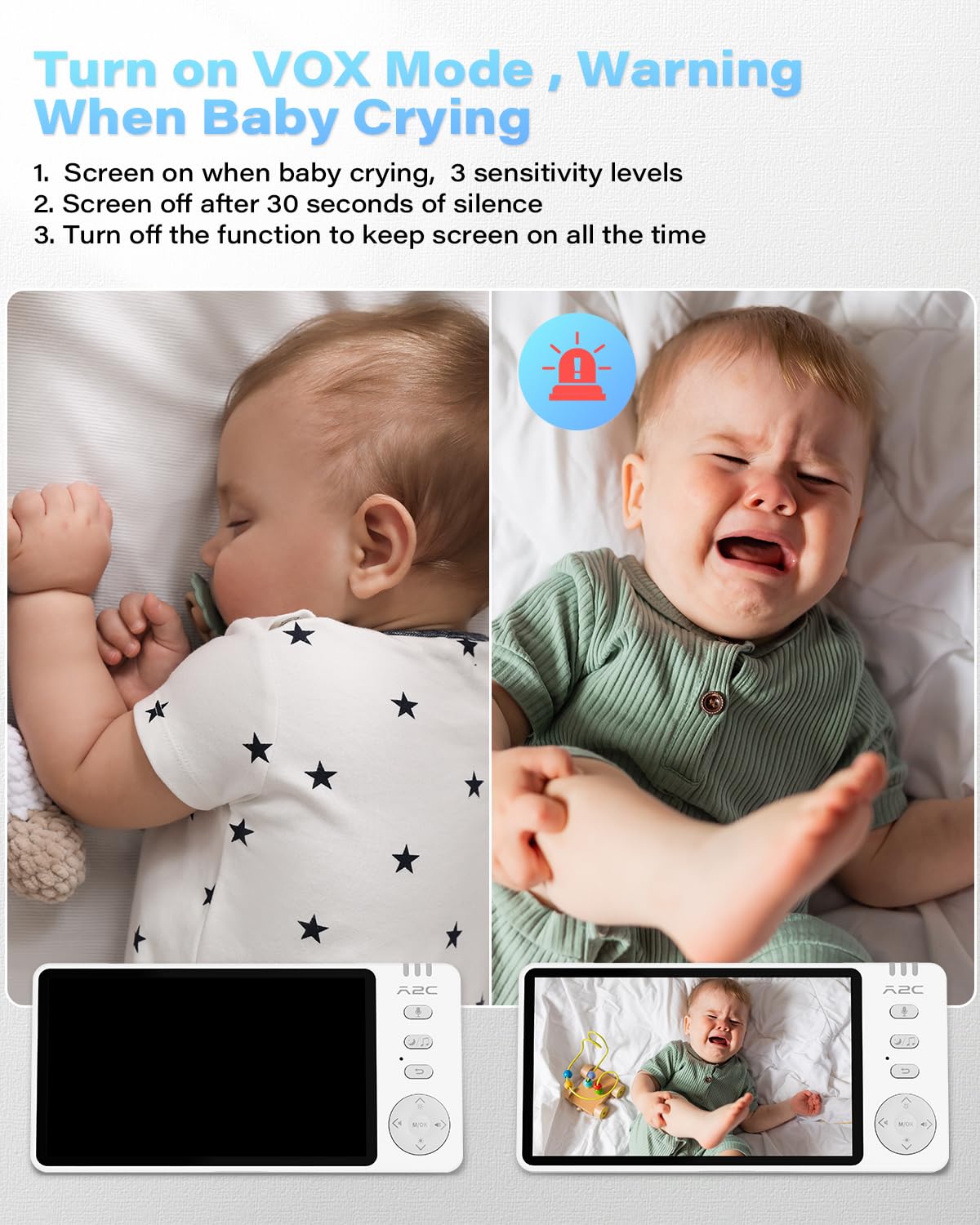 A2C Baby Car Camera VOX mode lights up when baby cries for quick response.