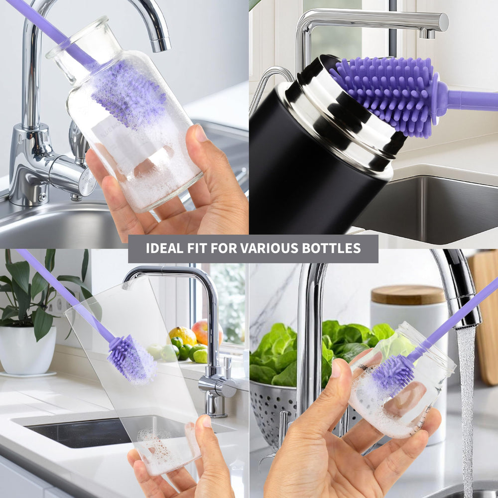 A-Brush glass-bottle-cleaner highlights suitability for delicate glassware and tumblers.