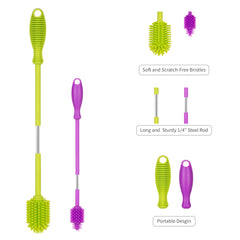 A-Brush silicone bottle cleaner reaches narrow openings for thorough cleaning.