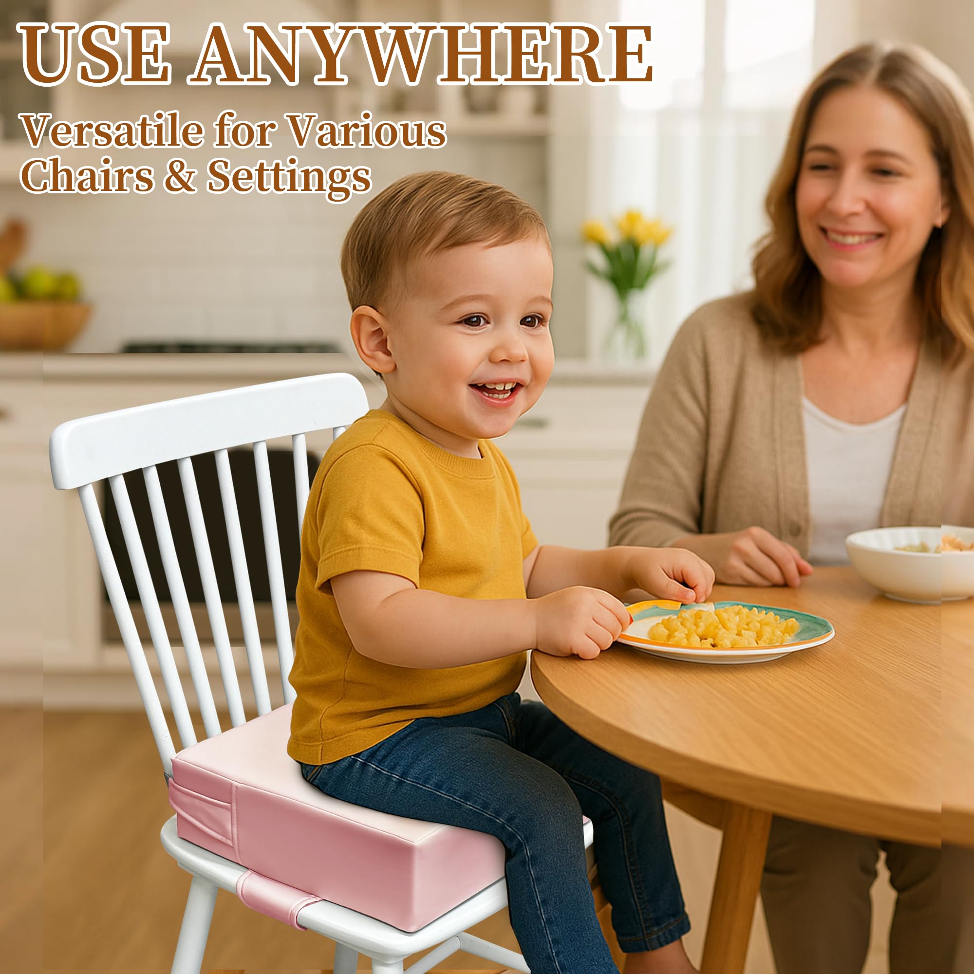 AAAini booster seat pink back straps emphasize secure fit on chairs.