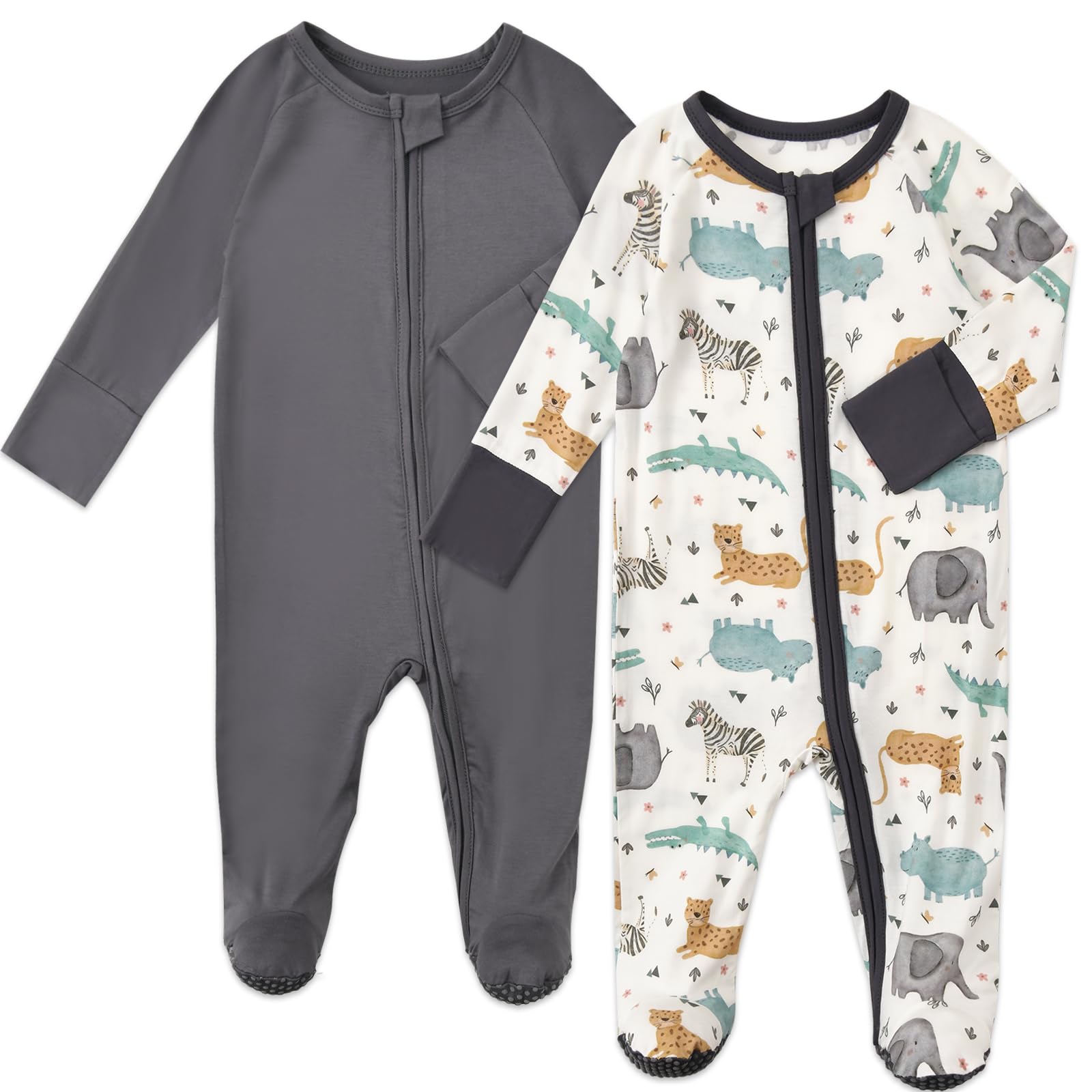 Aablexema baby footed coverall in black-gray animal print for cozy everyday wear.