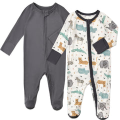 Aablexema baby footed coverall in black-gray animal print for cozy everyday wear.
