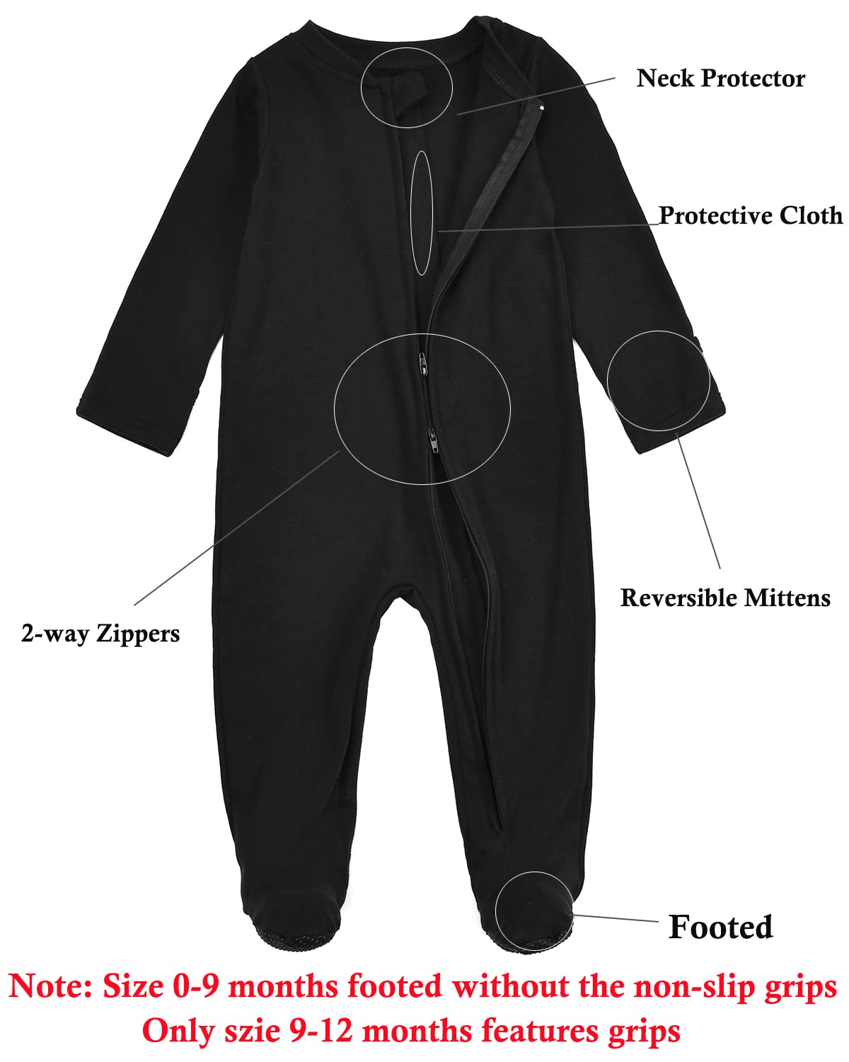 Aablexema black footie pajamas with mittens deliver breathable cotton comfort for bedtime.