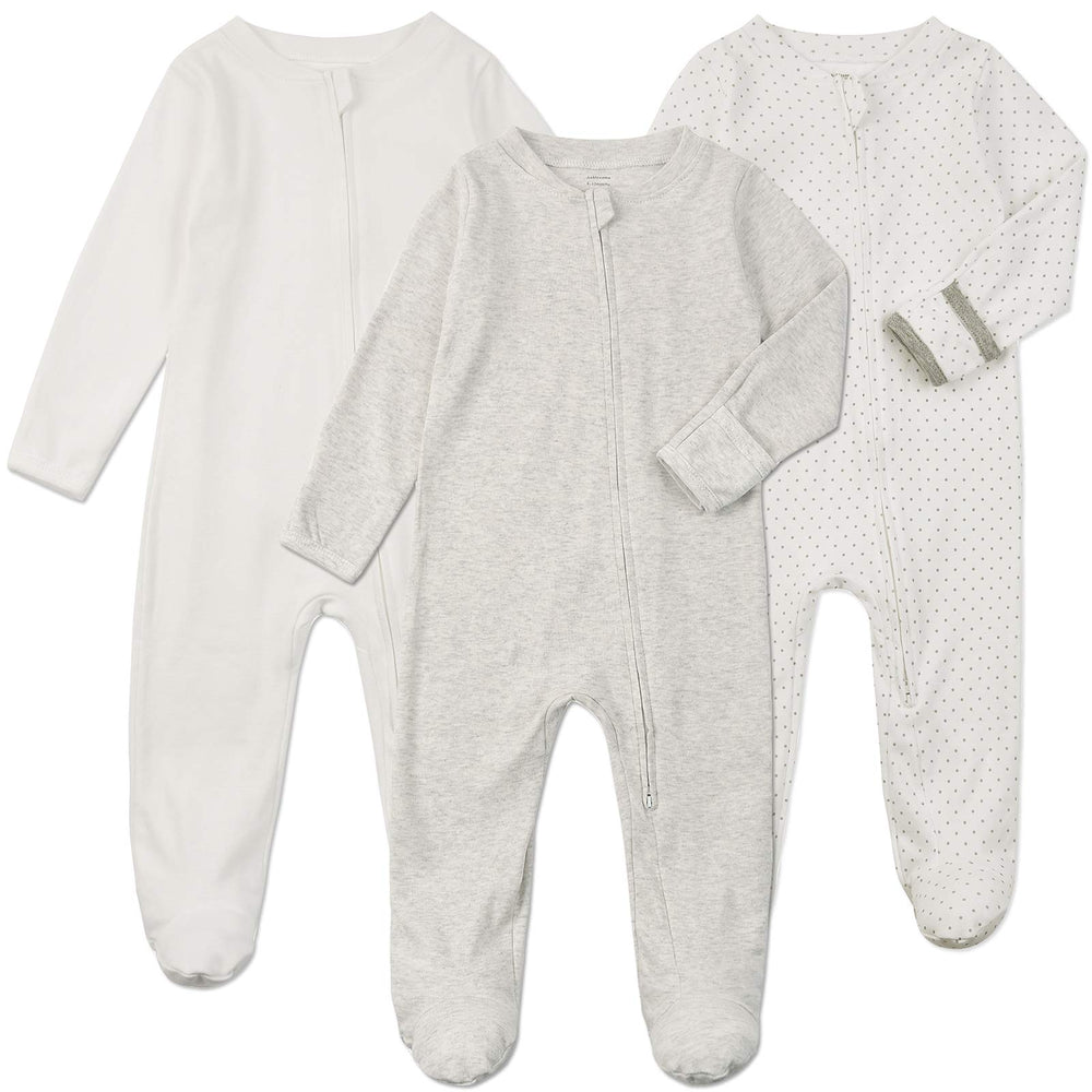 Aablexema baby footie pajamas mittens 3pc set in white grey dot for cozy night sleep.