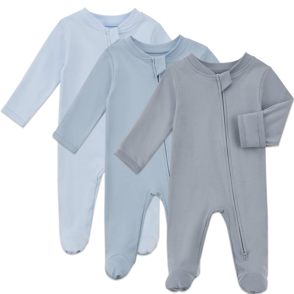 Aablexema baby organic cotton pajamas, blue set, zipper for easy dressing.