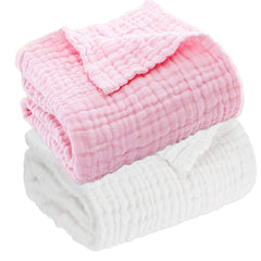 Aablexema muslin baby blanket set two-pack in white and pink, soft fabric for gentle skin.