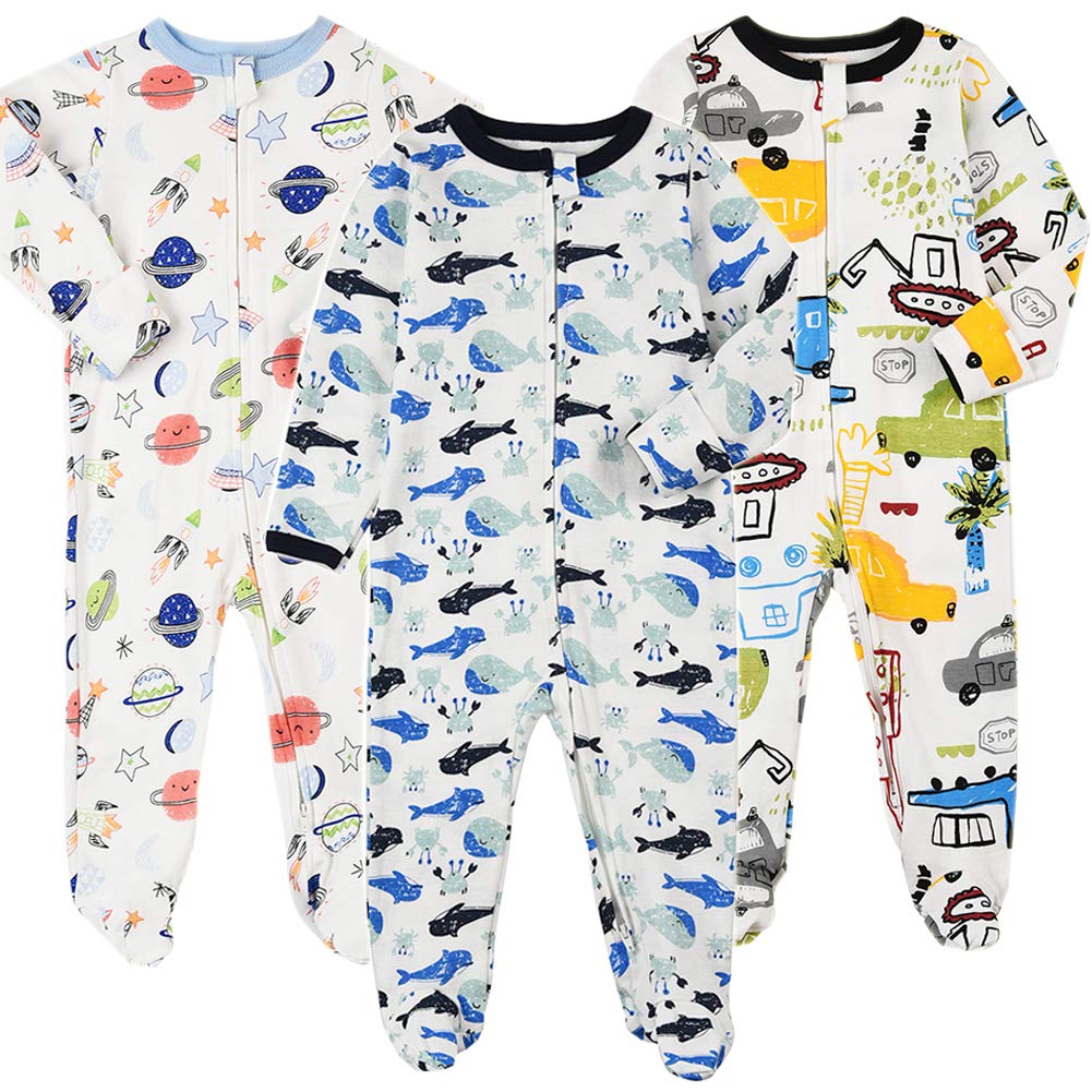 Aablexema space footie pajamas in soft cotton for breathable sleep.
