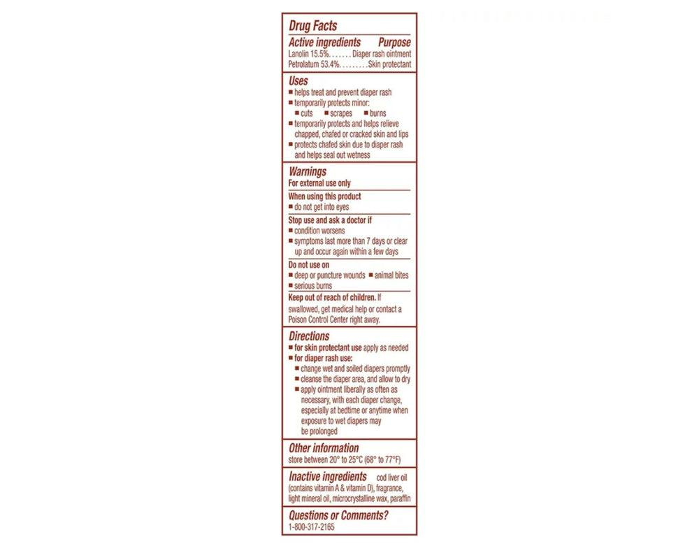 A&D barrier formula graphic highlights vitamins A and D and lanolin for gentle care.