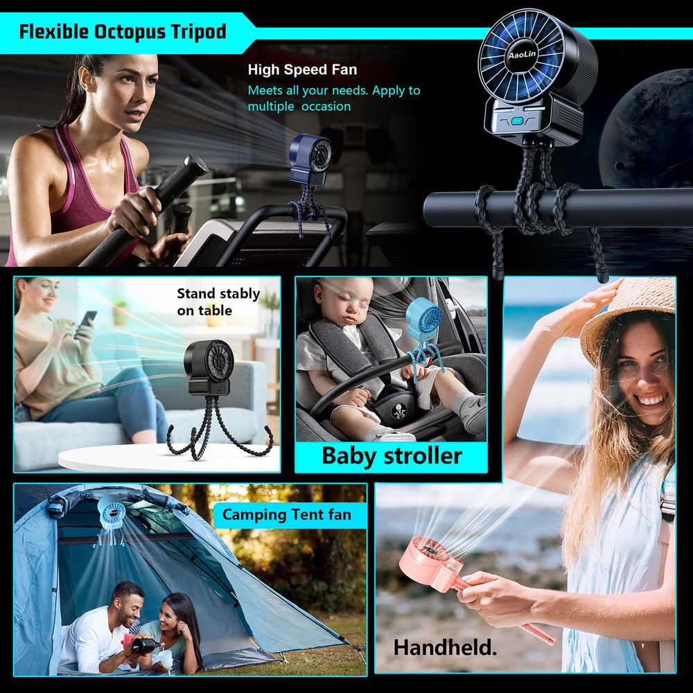 AaoLin portable fan in car or stroller shows versatile outdoor cooling.