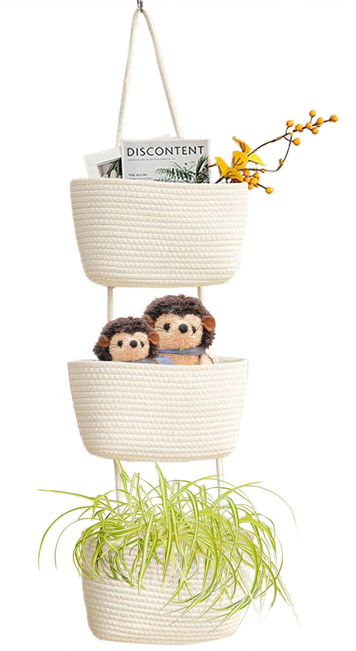 AARAINBOW wall hanging cotton baskets large 3-tier display for organized fruit and remote storage.