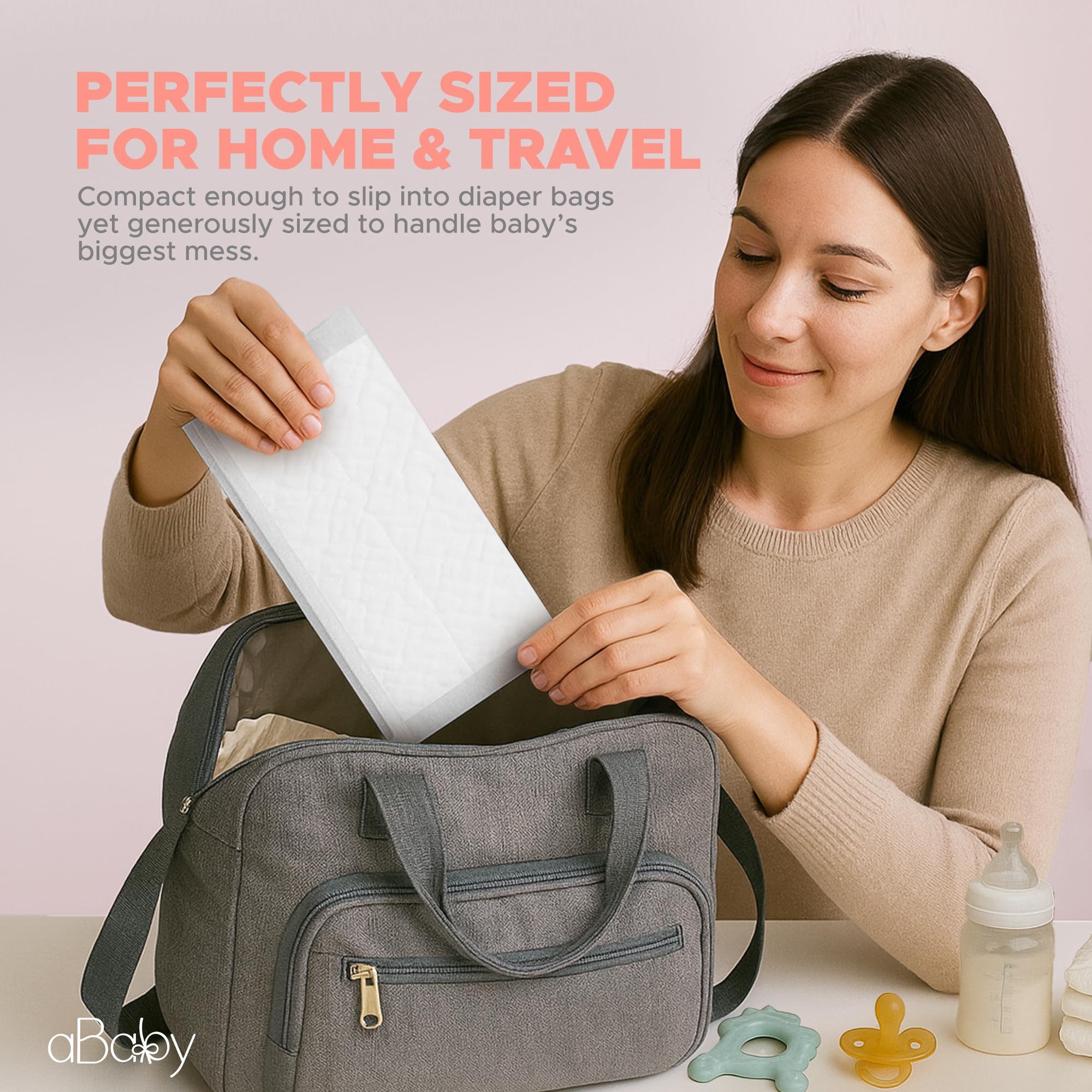 ABABY REFRESH disposable changing pads portable folded in a diaper bag for on-the-go use.