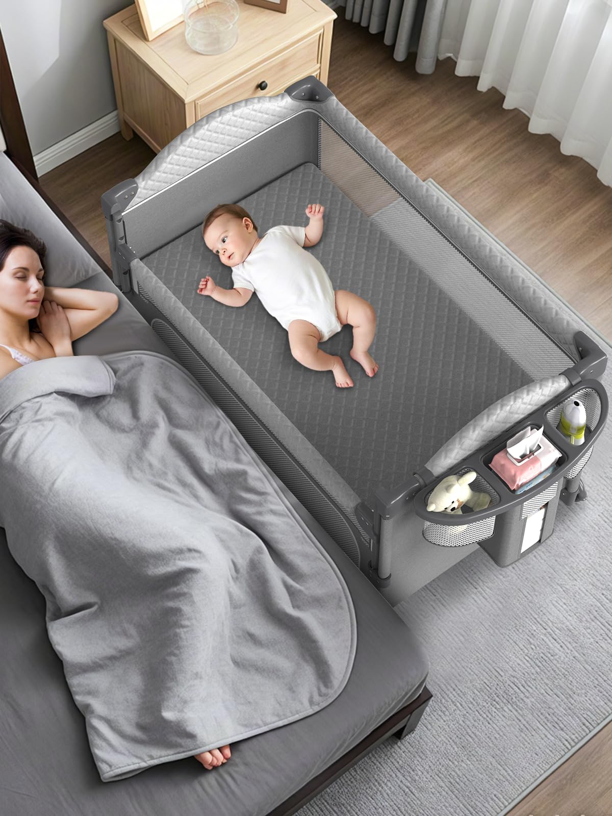 Abbi Casey bedside-sleeper with height adjustment keeps baby near for nighttime feeds.