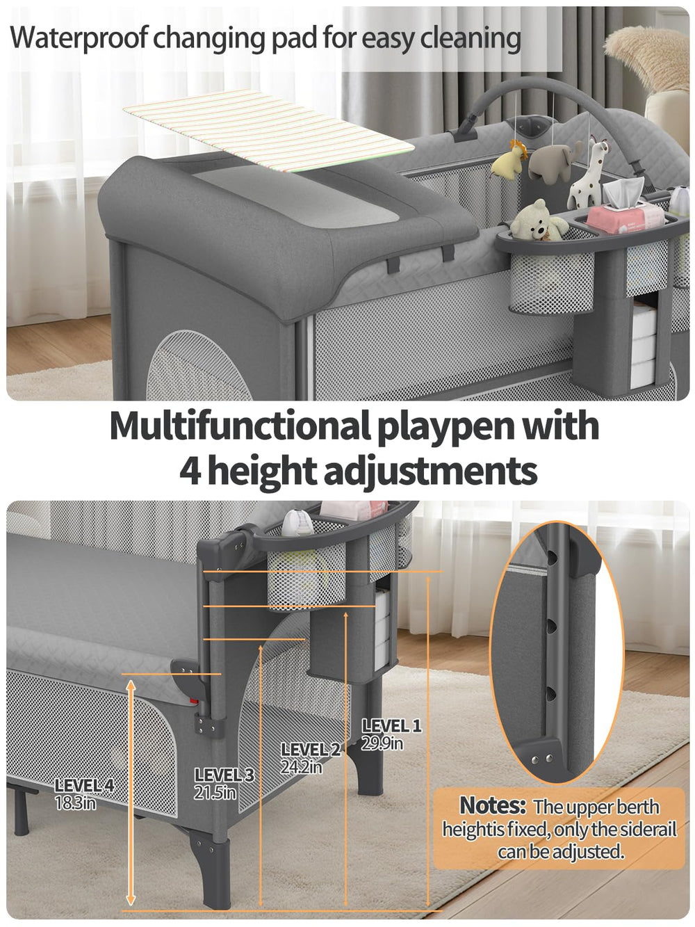 Abbi Casey detachable toy rack keeps baby engaged within arm's reach.