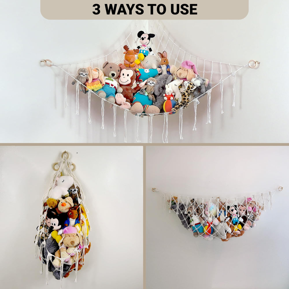 ABBY BABY boho net keeps stuffed animals organized and accessible.
