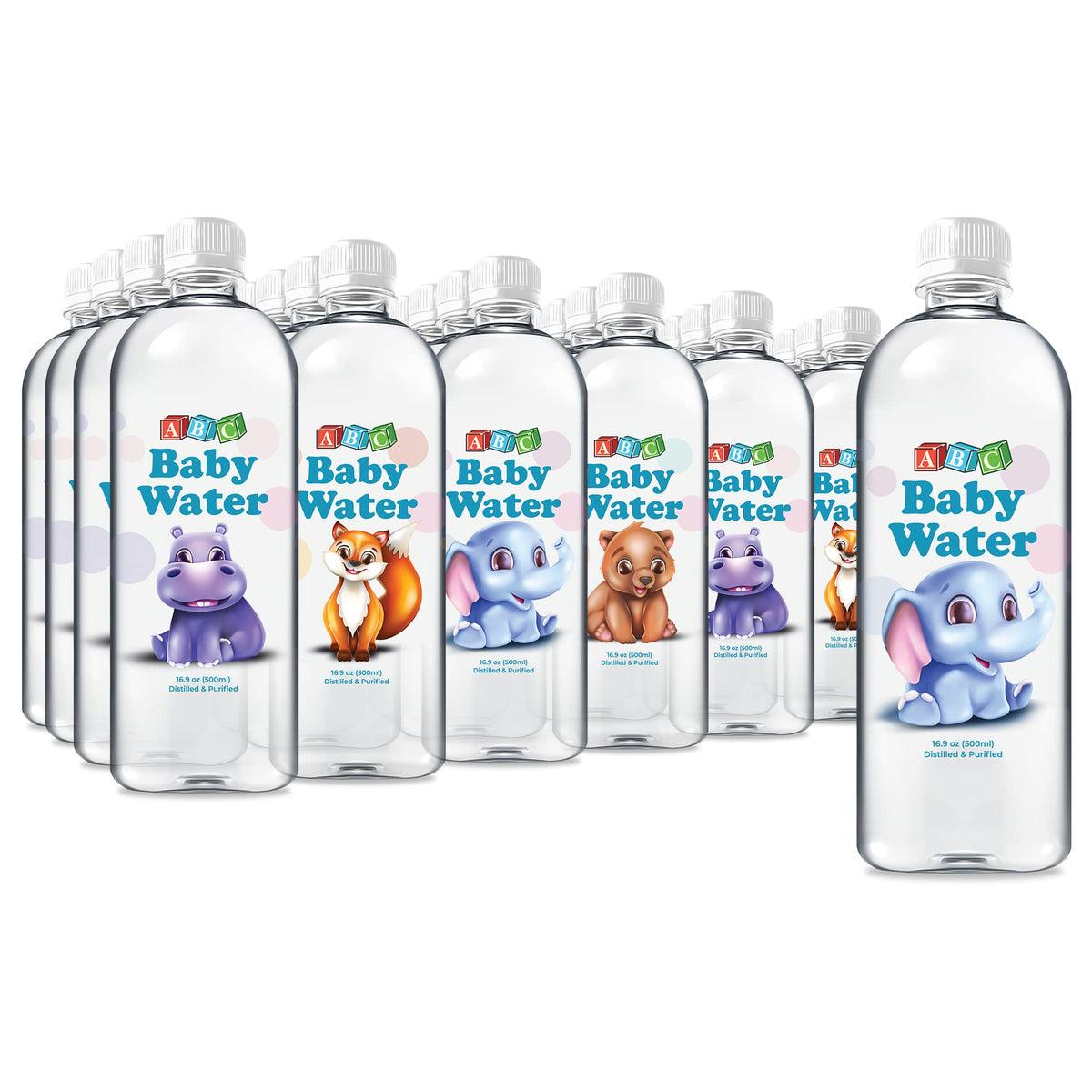 ABC Baby Water 16.9oz bottle with cute animal labels for easy on-the-go hydration