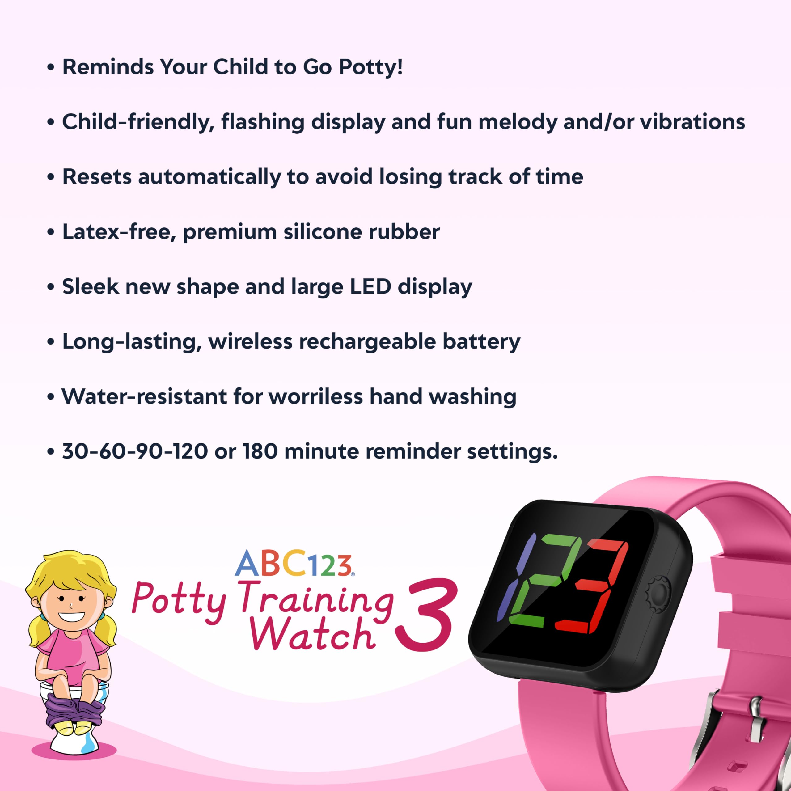 ABC123 Potty Training Watch 3 pink melody and vibration remind time to go