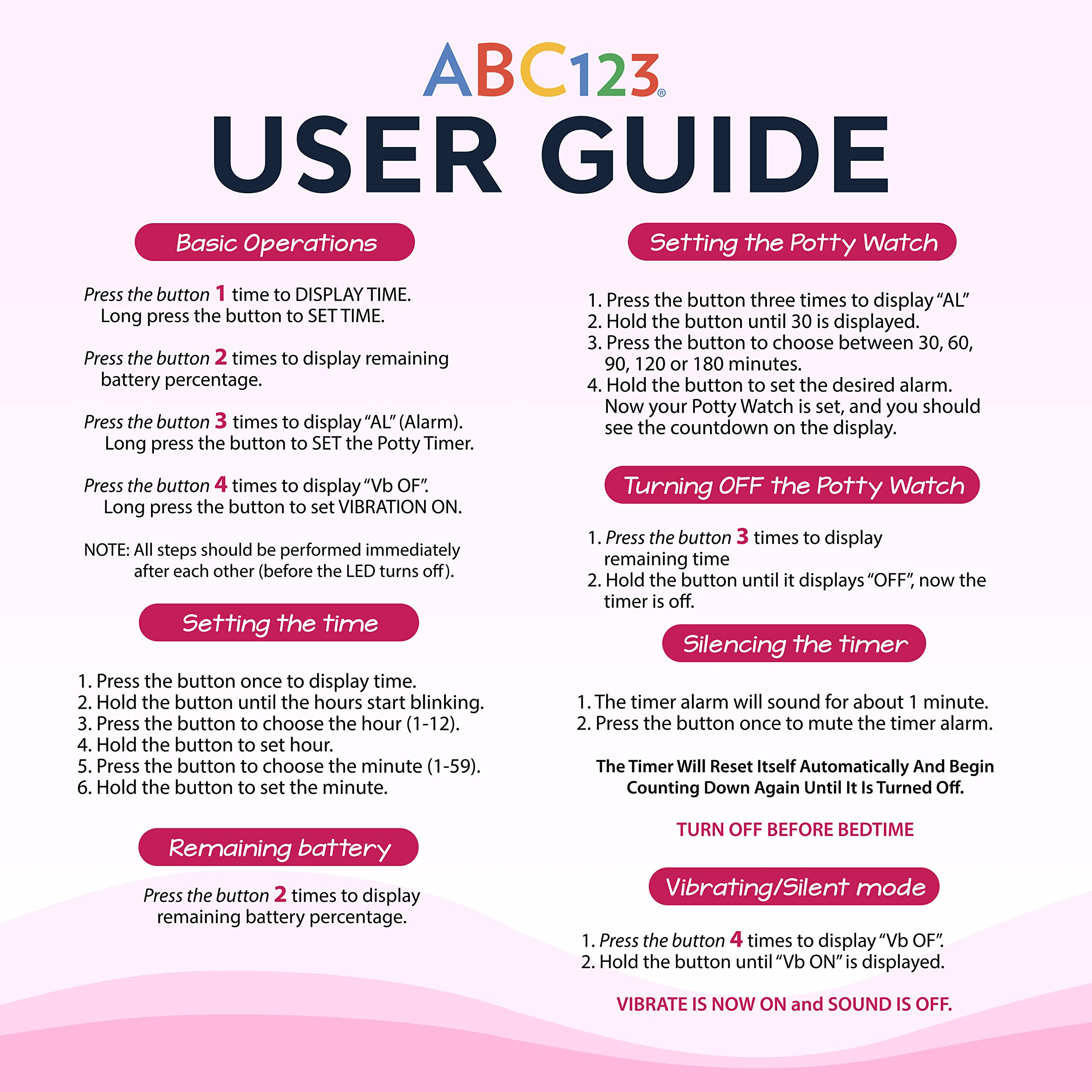 ABC123 Potty Training Watch 3 pink user-friendly, ideal for teaching time