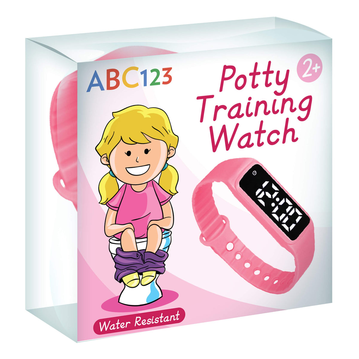 ABC123 Potty Training Watch pink front view on toddler wrist with gentle reminders.