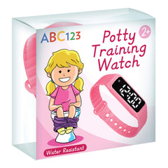 ABC123 Potty Training Watch pink front view on toddler wrist with gentle reminders.