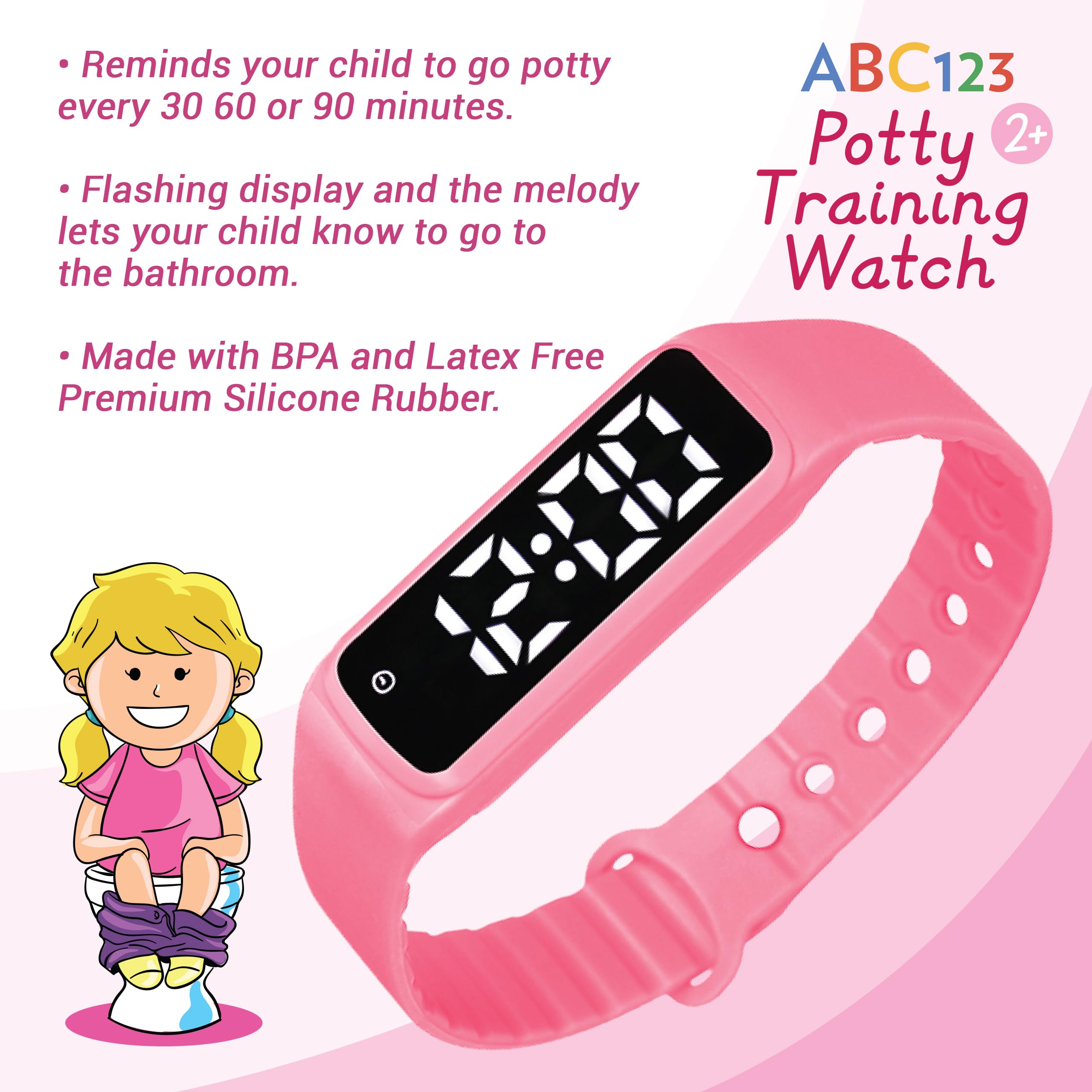 ABC123 Potty Training Watch pink worn as bracelet boosting learning through play.