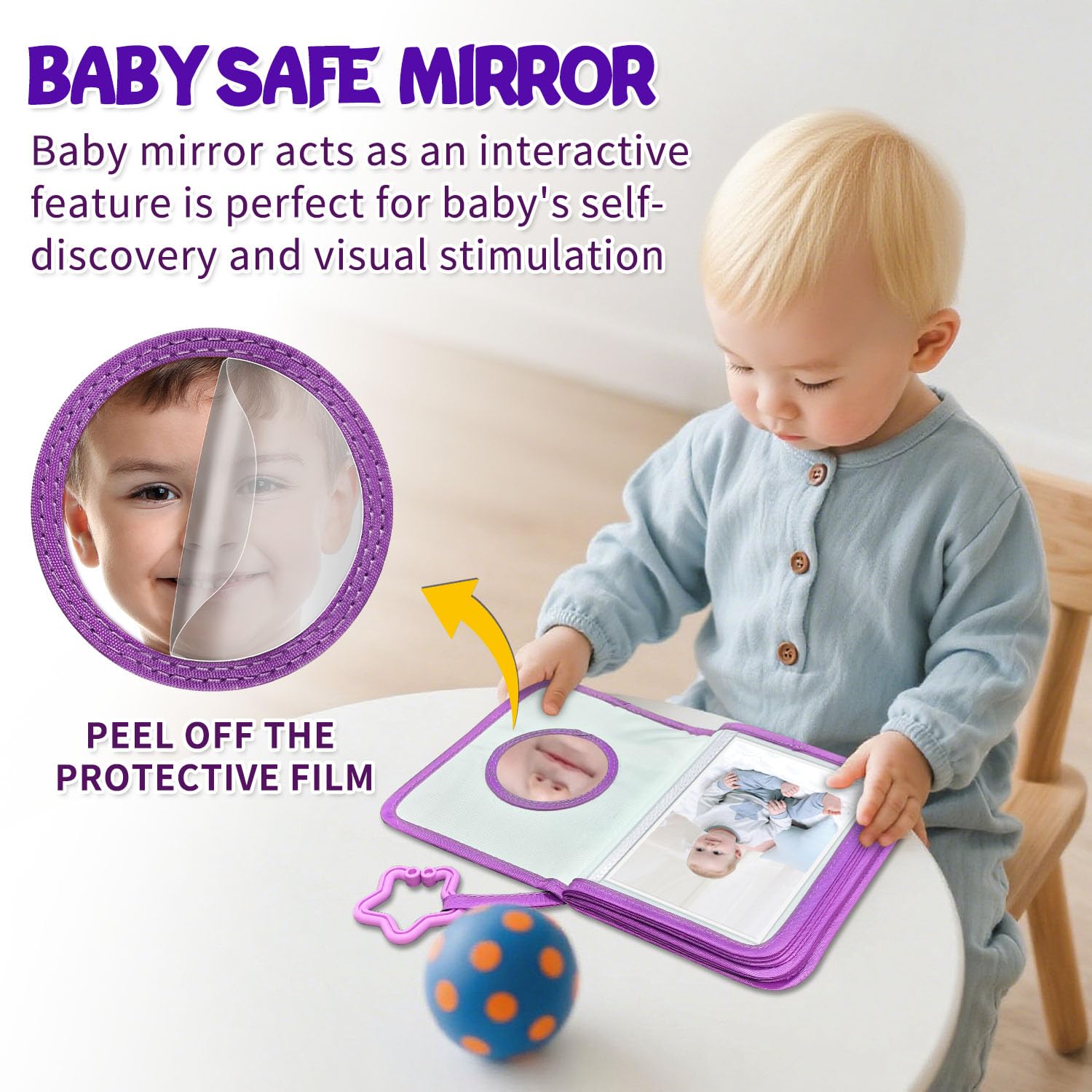 ABCKEY Baby's First Family Album mirror-back invites interactive self-discovery moments.