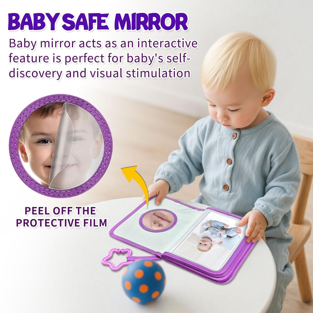 ABCKEY Baby's First Family Album mirror-back invites interactive self-discovery moments.