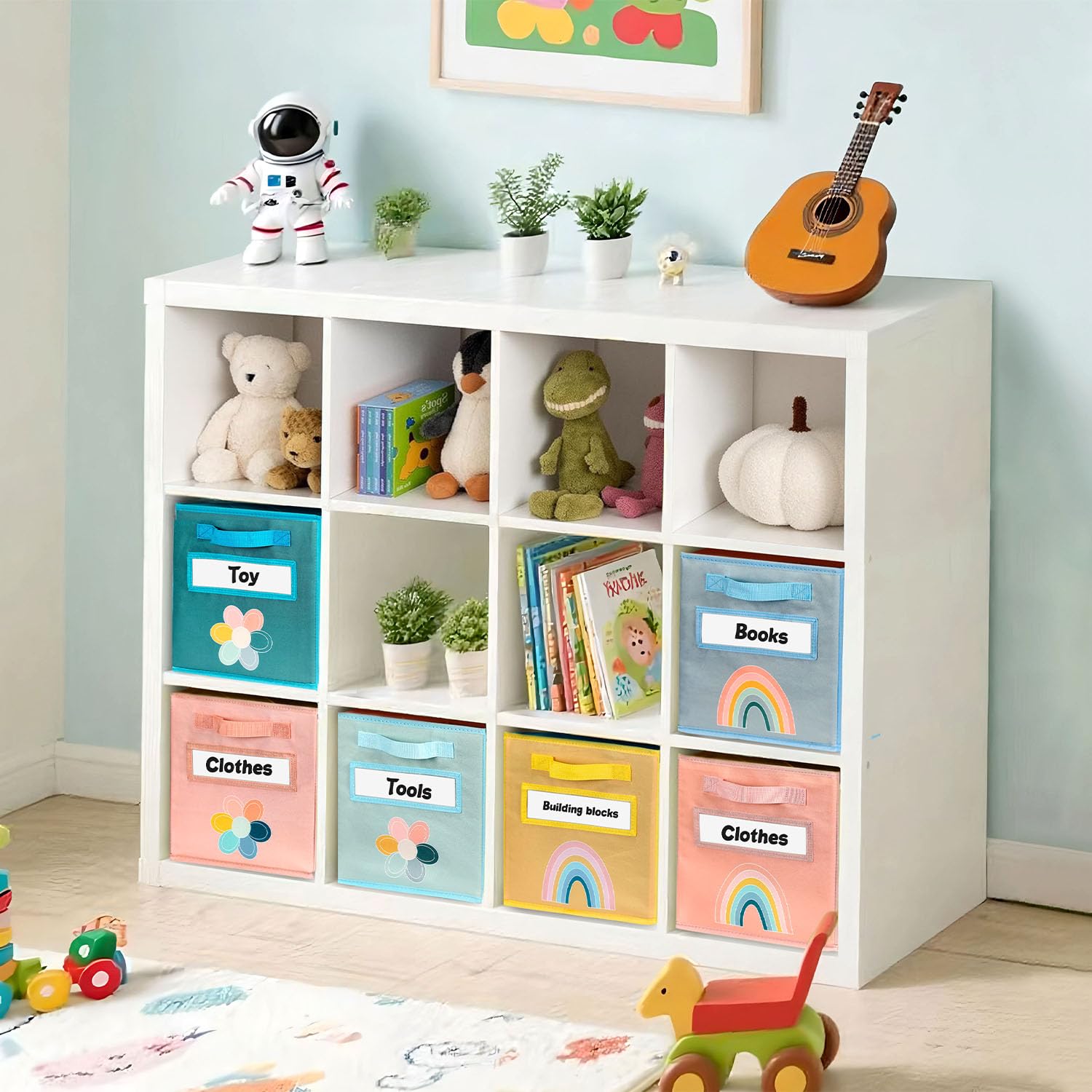 ABCKEY cube storage bin colorful rainbow pattern enhances kid-friendly organization and lively rooms.