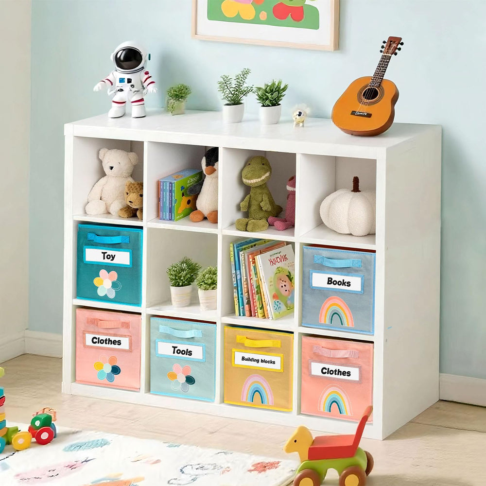 ABCKEY cube storage bin colorful rainbow pattern enhances kid-friendly organization and lively rooms.