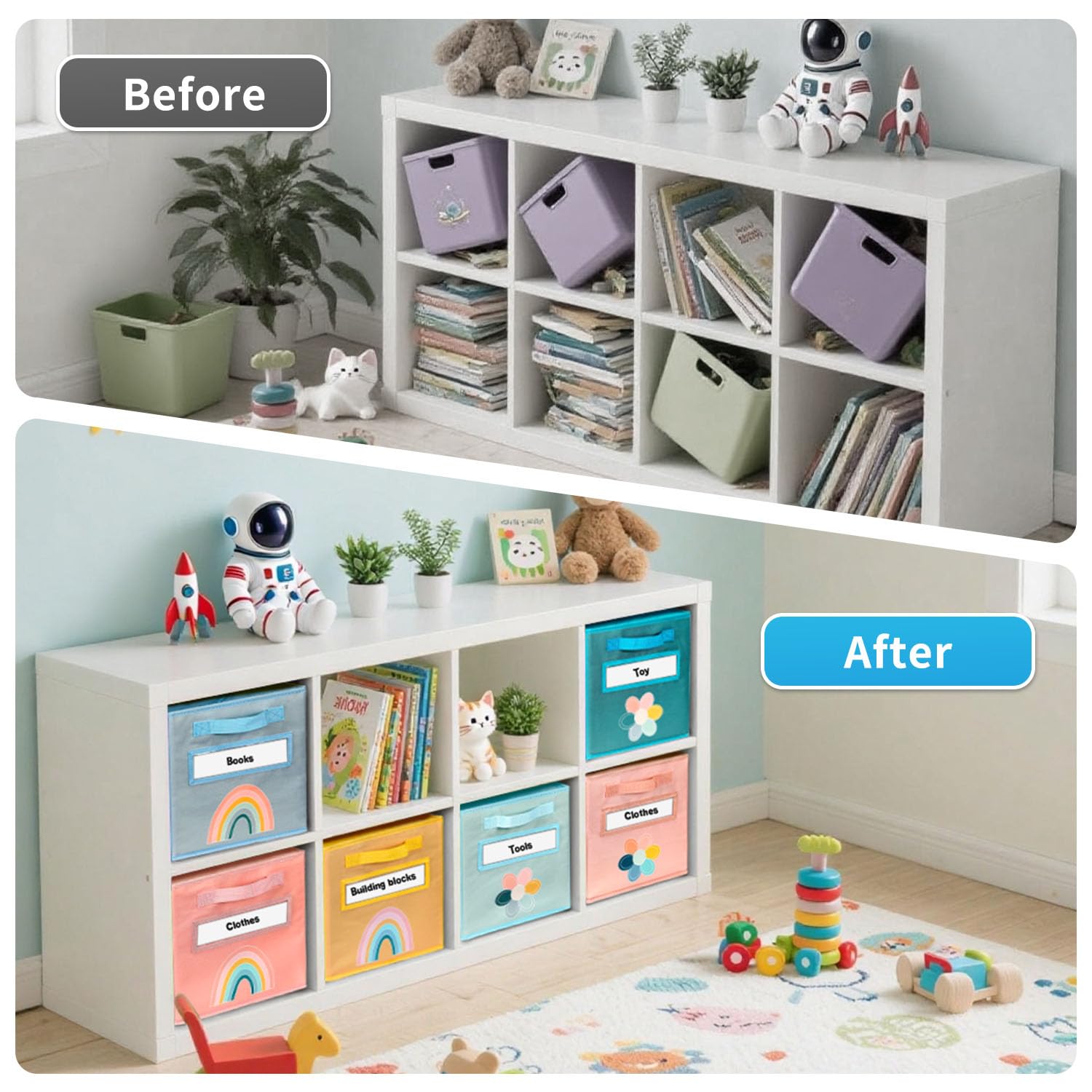 ABCKEY cube storage bin in a child’s room showcases easy retrieval of toys and clothes.