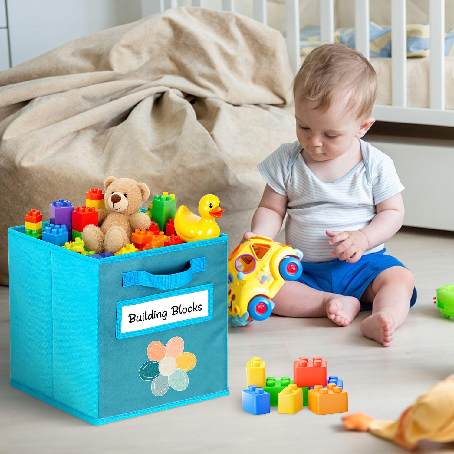ABCKEY cube storage bin in closet setup demonstrates tidy labeling for quick item finding.