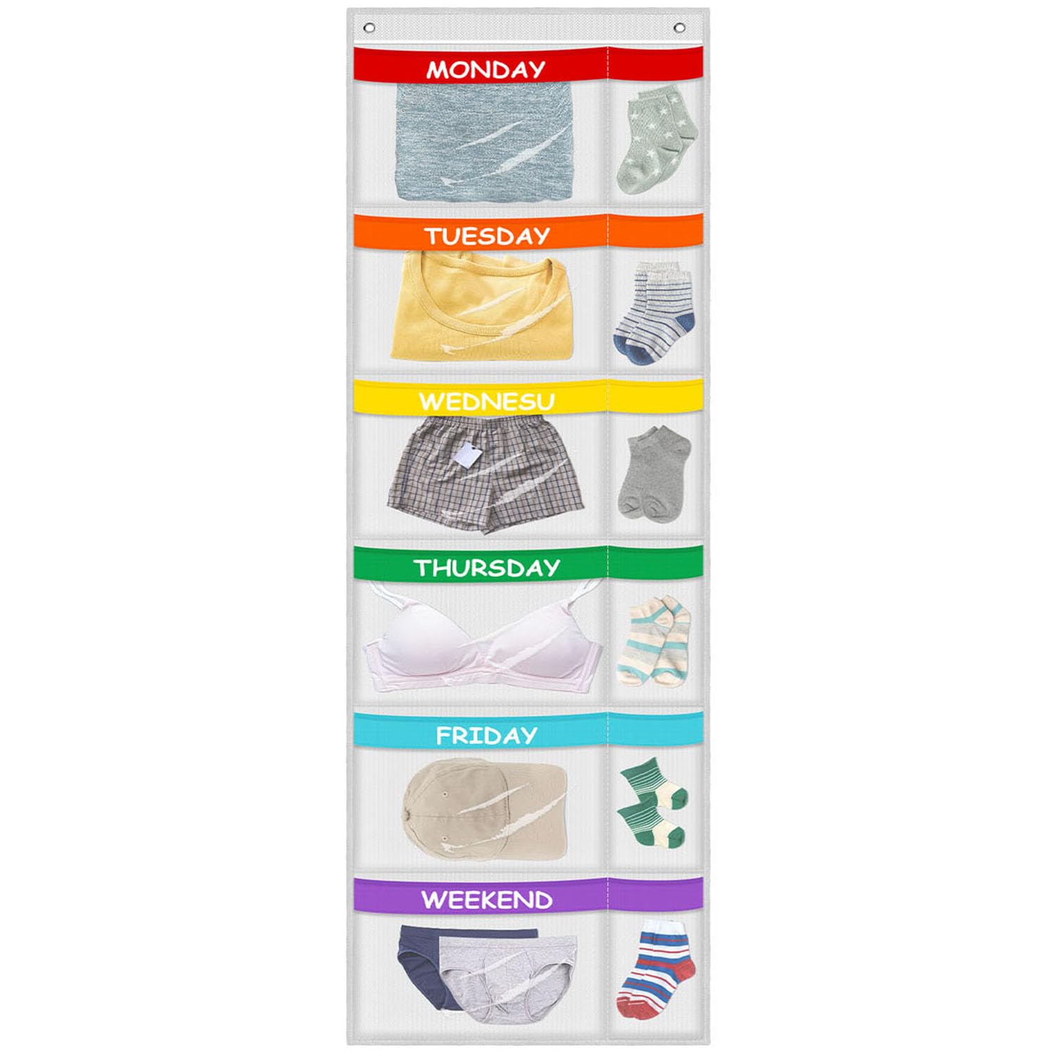 ABCKEY Rainbow Weekly Organizer hanging over a door for easy weekly outfit planning.