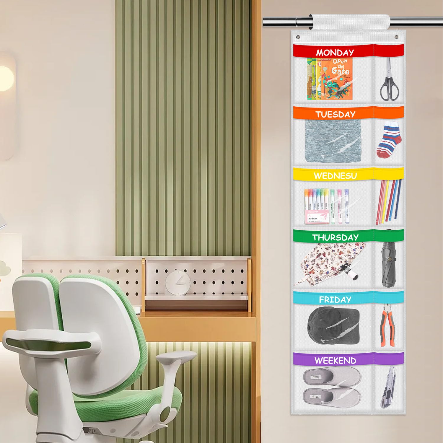 ABCKEY Rainbow Weekly Organizer large pockets hold school uniforms neatly.