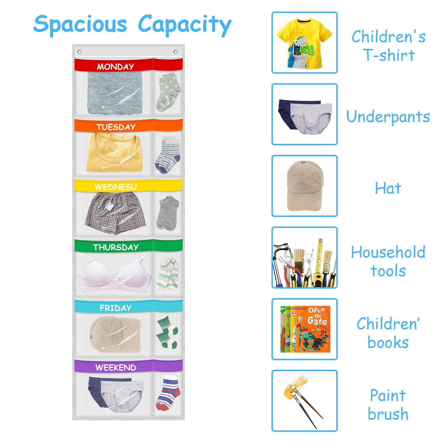 ABCKEY Rainbow Weekly Organizer see-through pockets help locate outfits quickly.