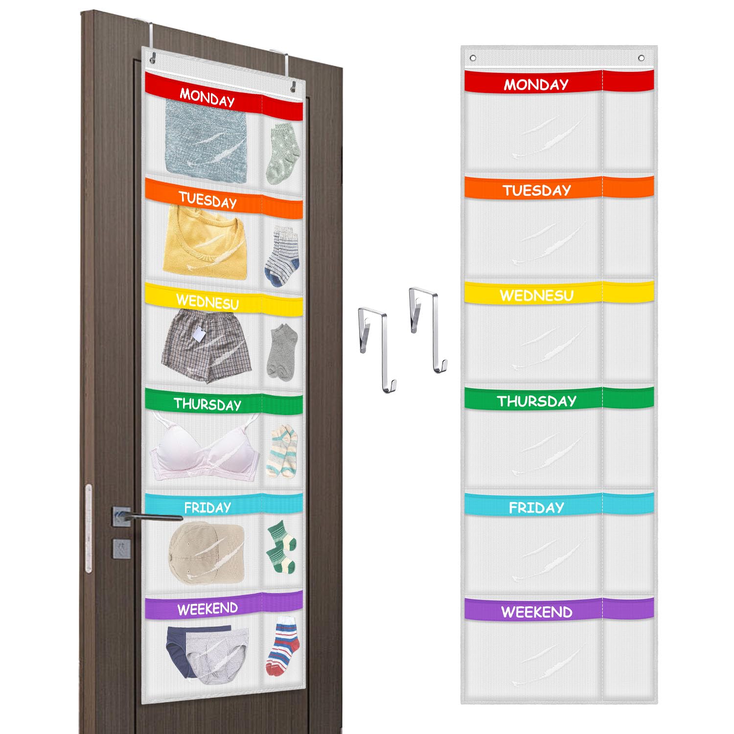 ABCKEY Rainbow Weekly Organizer mounted in a wardrobe to save morning time.