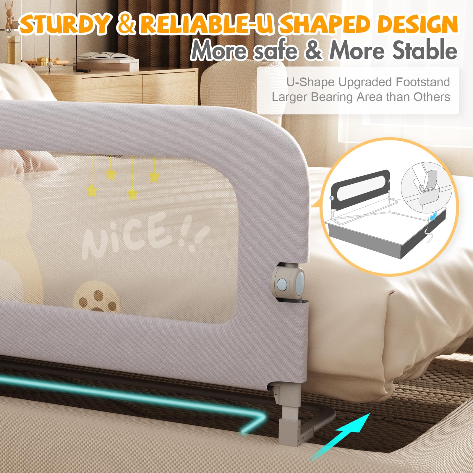 Abdtech bed guard pivot-down action enables easy access for bedtime stories.