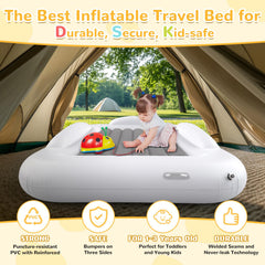 Abdtech travel bed showing three-sided safety bumpers for safer sleep on trips.