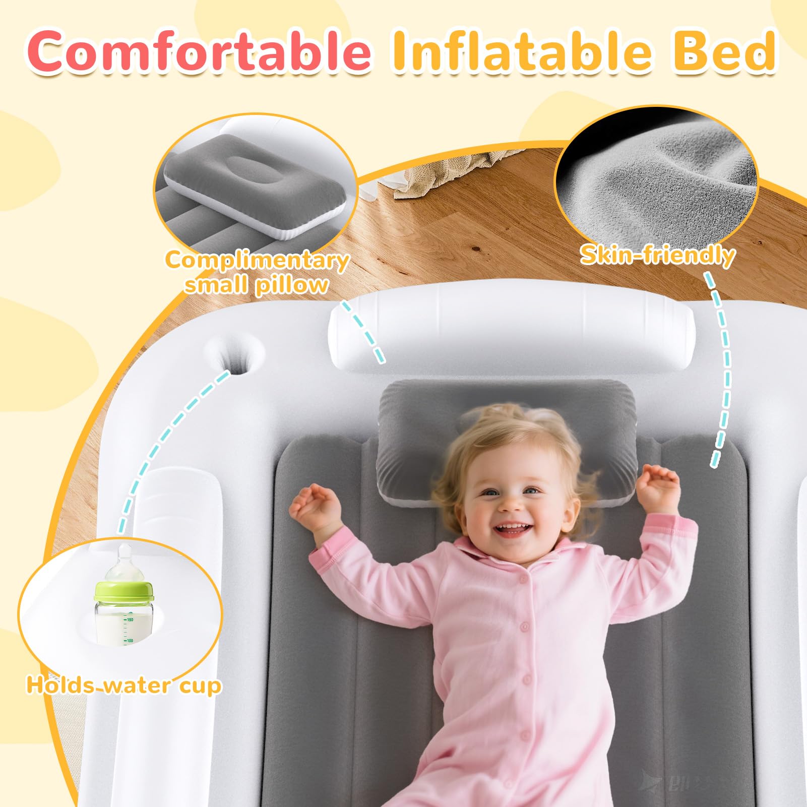 Abdtech travel bed with built-in cup holders keeps drinks nearby.