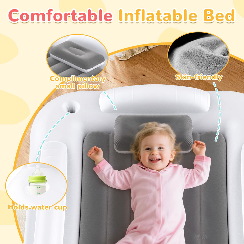 Abdtech travel bed with built-in cup holders keeps drinks nearby.