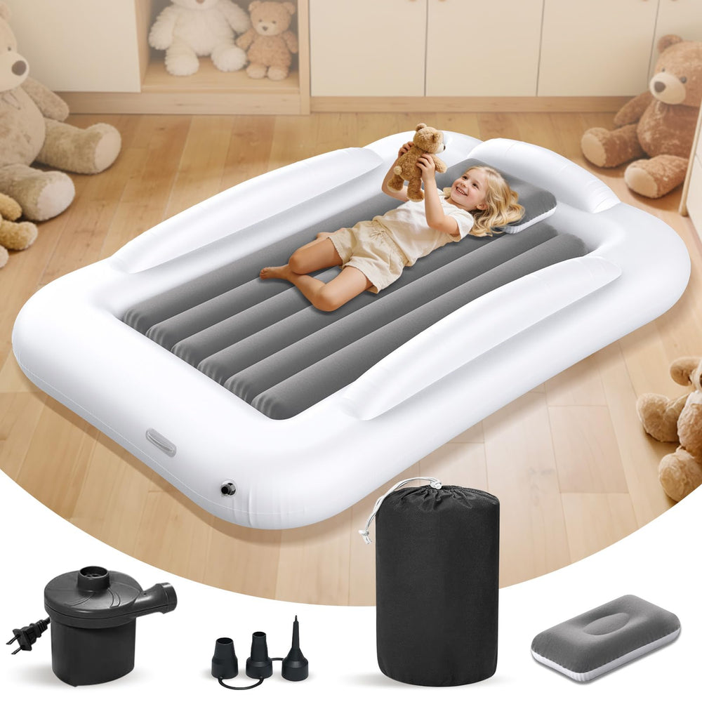 Abdtech inflatable kids travel bed front view with carrying bag for travel convenience.