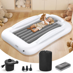 Abdtech inflatable kids travel bed front view with carrying bag for travel convenience.