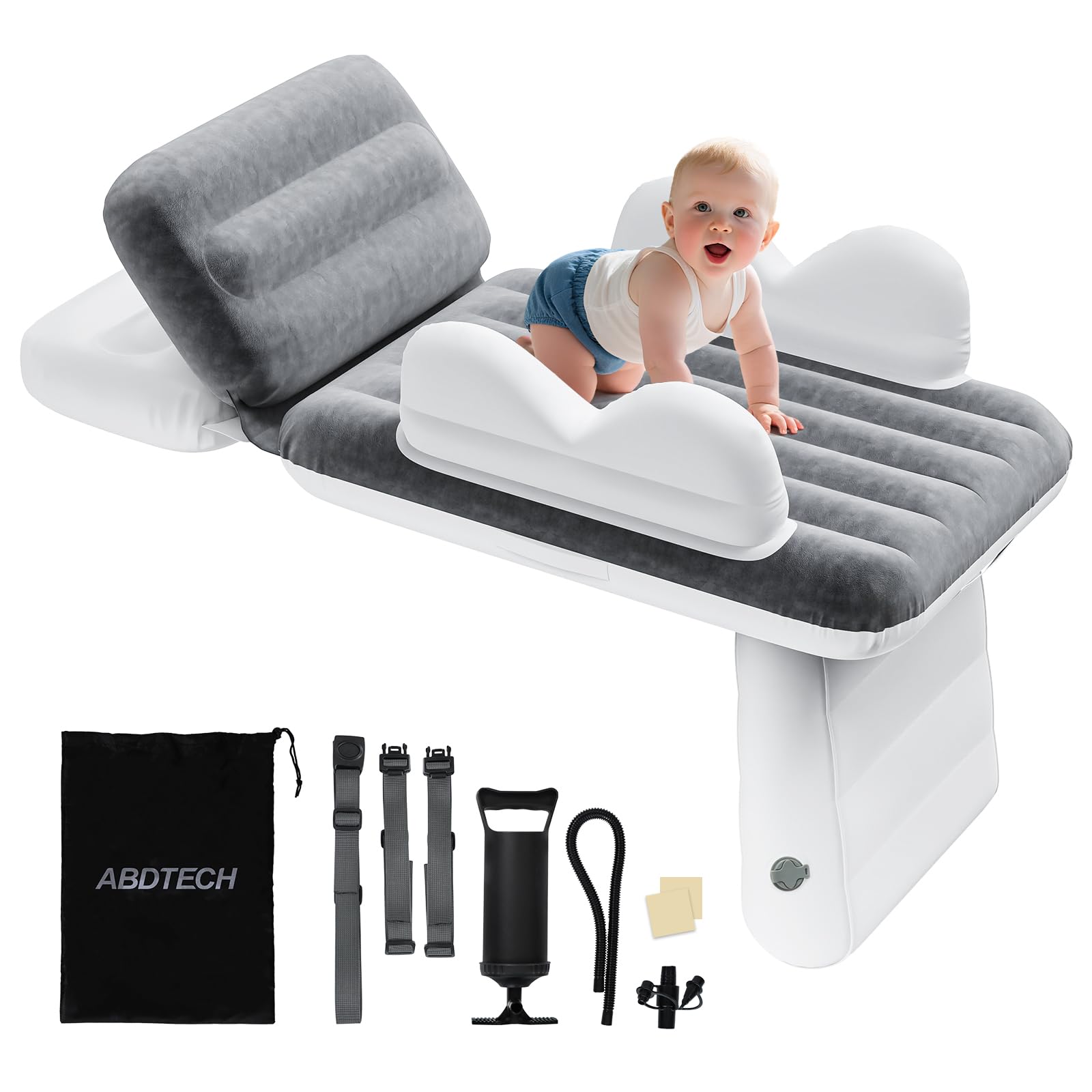 Abdtech inflatable toddler airplane bed setup for quick, comfortable sleep on long flights.