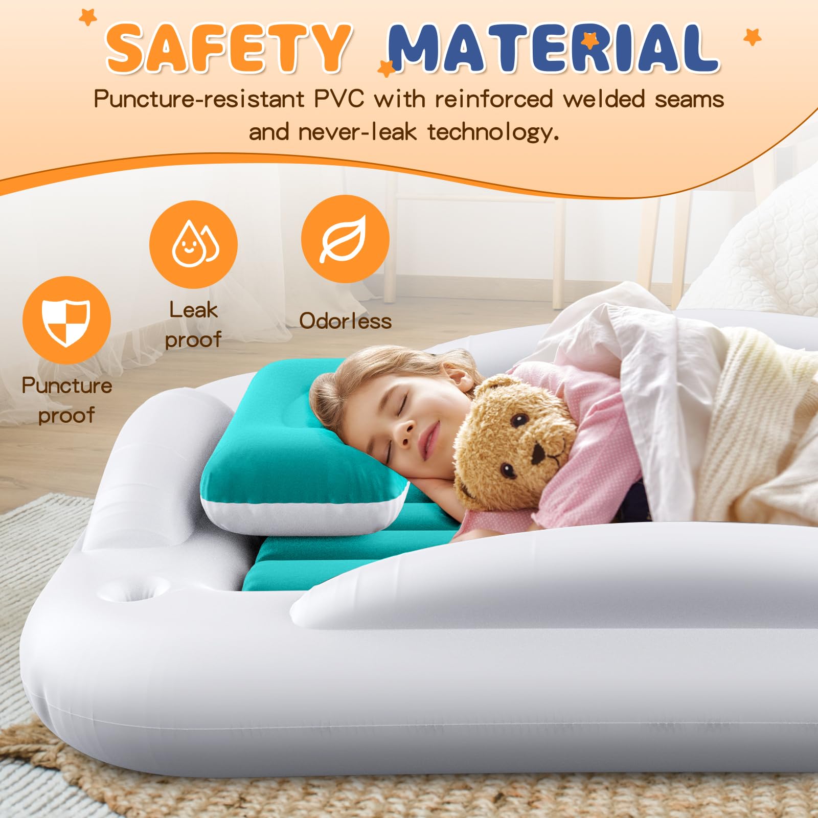 Abdtech inflatable toddler bed 60x40x12 interior offers roomy space for toddlers.